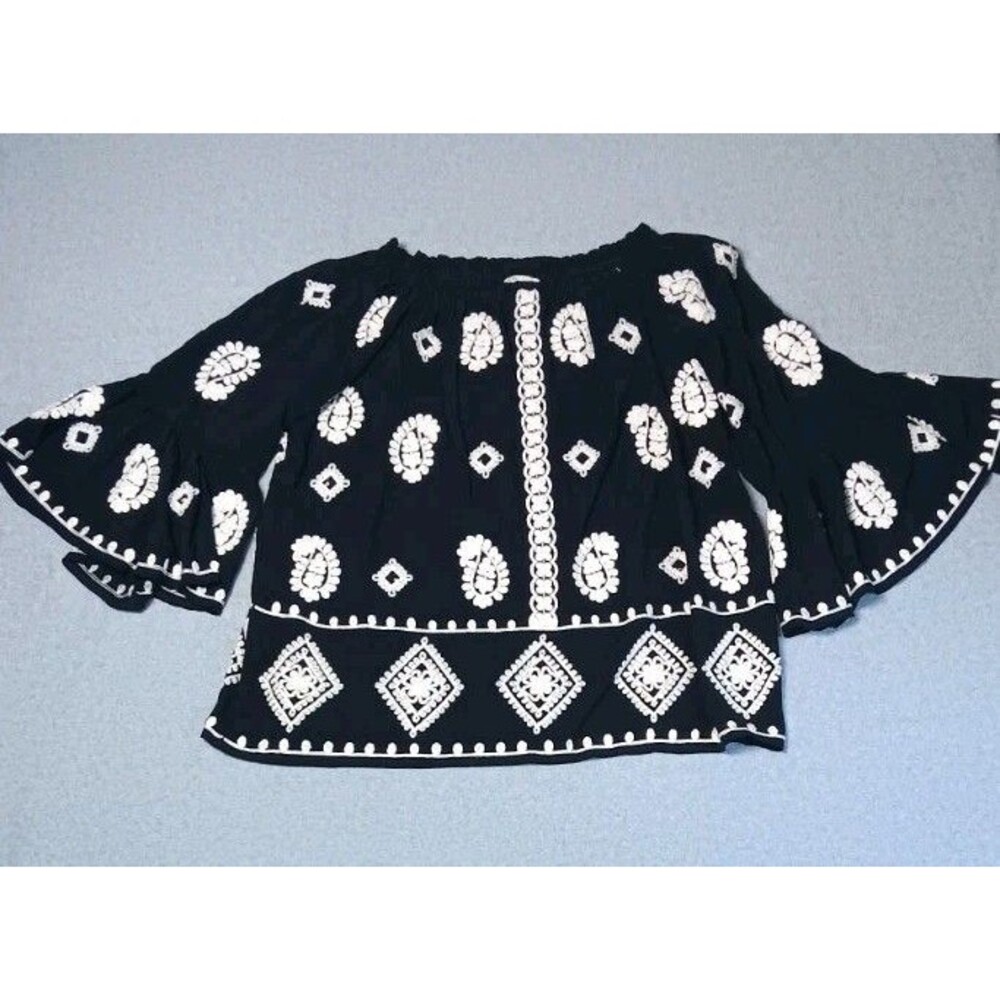 Cato Bell Dleeve Embroidered Peasant Tunic Top Blouse 18/20W Black White Boho